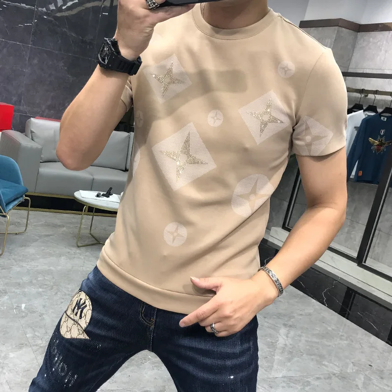 

T-Shirt Men Rhinestone Black Plus Size 5XL Pop Nice Summer Personalized Trend High Quality Short Sleeve Round Neck Tees Male Top