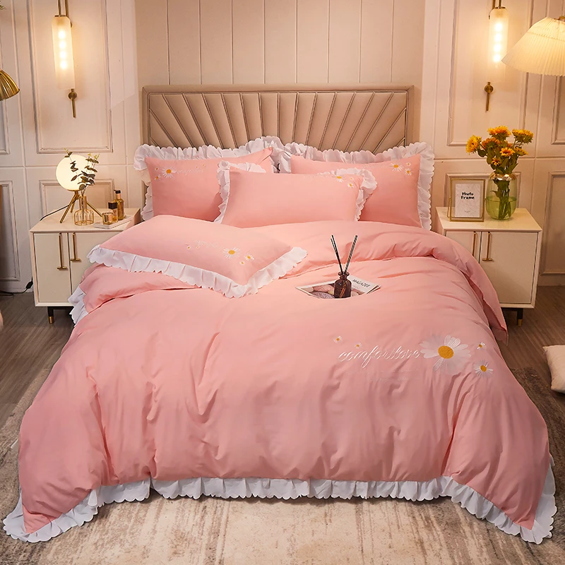 

PINK Water washing Cotton Solid color Duvet Cover set Twin Queen King Size 4Pcs Bedding set with Bed sheet Pillowcase