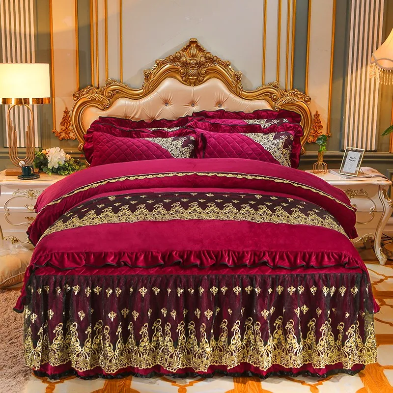 

European Crystal Velvet 4Pcs Lace Bed Skirt Princess Thickened Flannel Winter Warm Plush Coral Fleece Duvet Cover Set Pillowcase