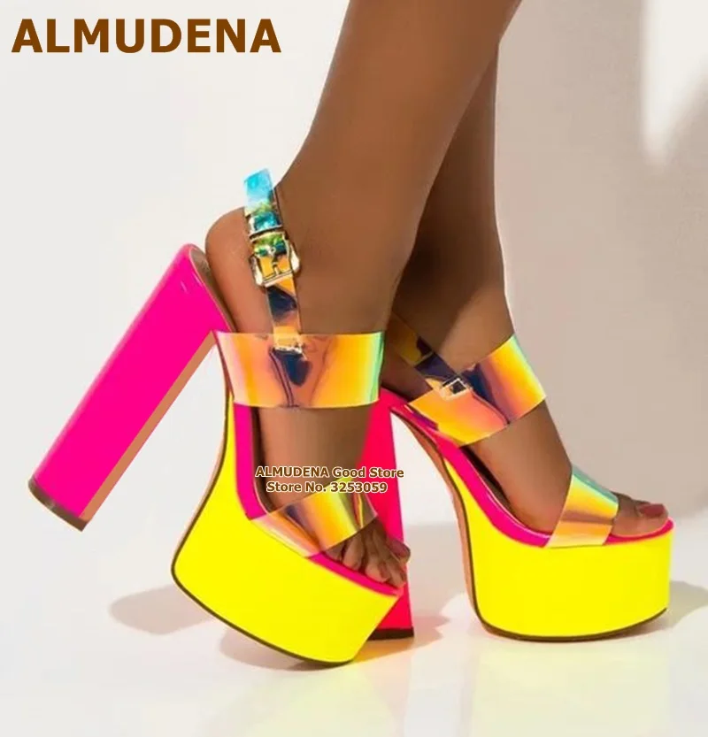 

ALMUDENA Women Hot Pink Chunky Heel Sandals Hologram Iridescent PVC Wedding Shoes Patent Leather Platform Patchwork Dress Pumps