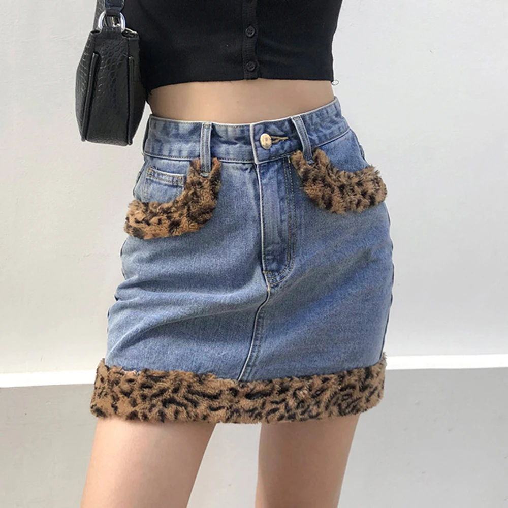 

Patchwork Furry Leopard High Waist Jeans Skirts Womens Casual Fashion Pokcet Mini Skirt Ladies Harajuku Streetwear