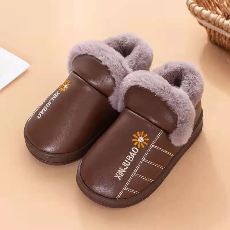 

Children's Winter Slippers Pu Waterproof Furry Warm Baby Cotton Slippers Kids Furry Slides
