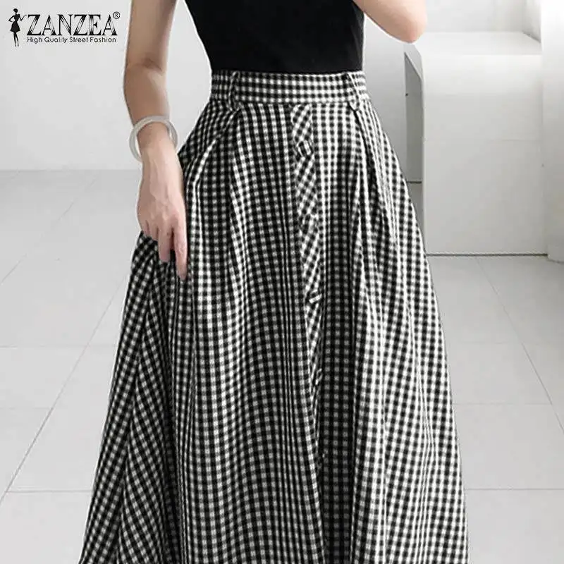 

Lady Summer Fashion Zipper A Line Skirt Femme ZANZEA Vintage Plaid Check Loose Mujer Faldas Women Elegant High Waist Midi Skirts