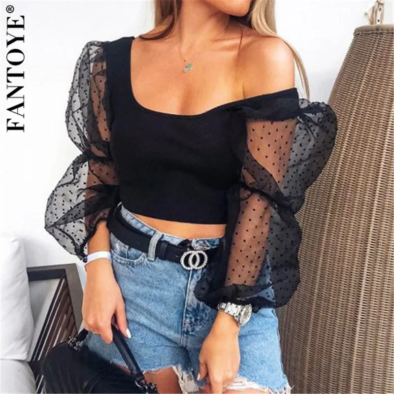 FANTOYE, новинка, женский топ с рукавами-фонариками, прозрачный, короткий топ, рубашки, Осенние, сексуальные, в горошек, кружевные, Короткие топы, для девушек, офис, тонкая уличная одежда