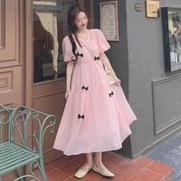 french retro square collar yarn bow embellishes long dress casual cotton bow o neck summer dresses for women party