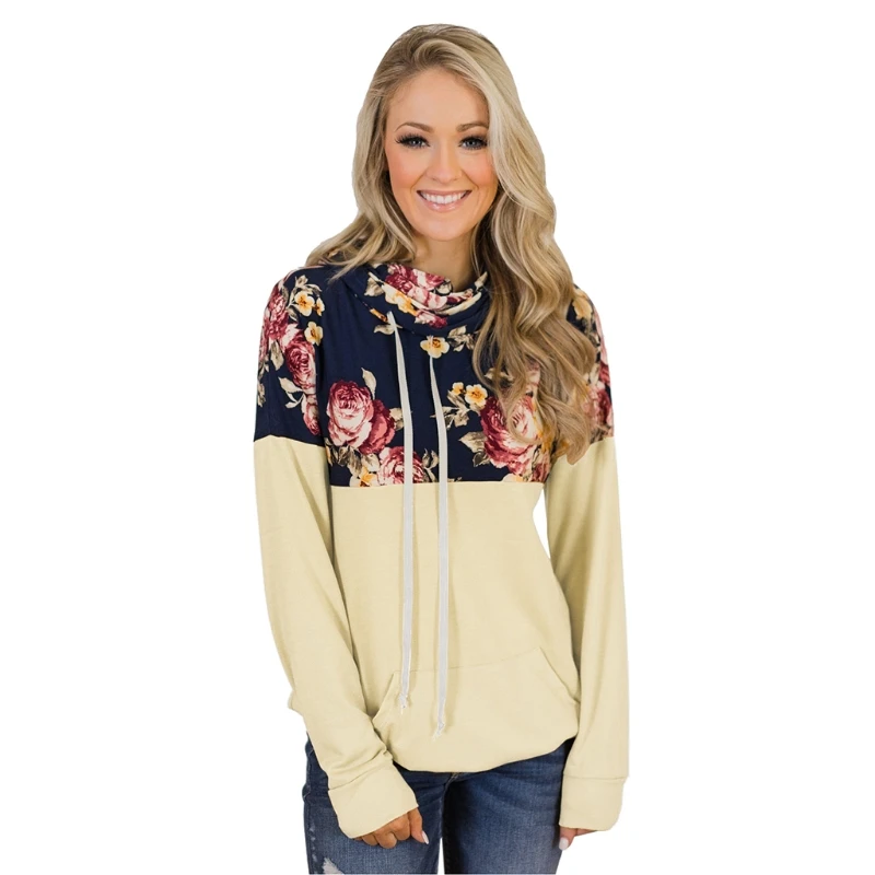 

Womens Autumn Long Sleeve Drawstring Sweatshirt Floral Color Block Patchwork Tunic Tops Cowl Neck Casual Loose Pullover Blouse w