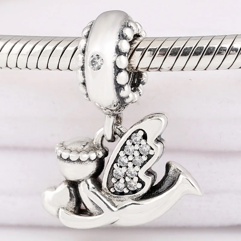 

New 925 Sterling Silver Charm Angel of Love Heart With Crystal Pendant Bead Fit Original Fashion Bracelet Necklace DIY Jewelry
