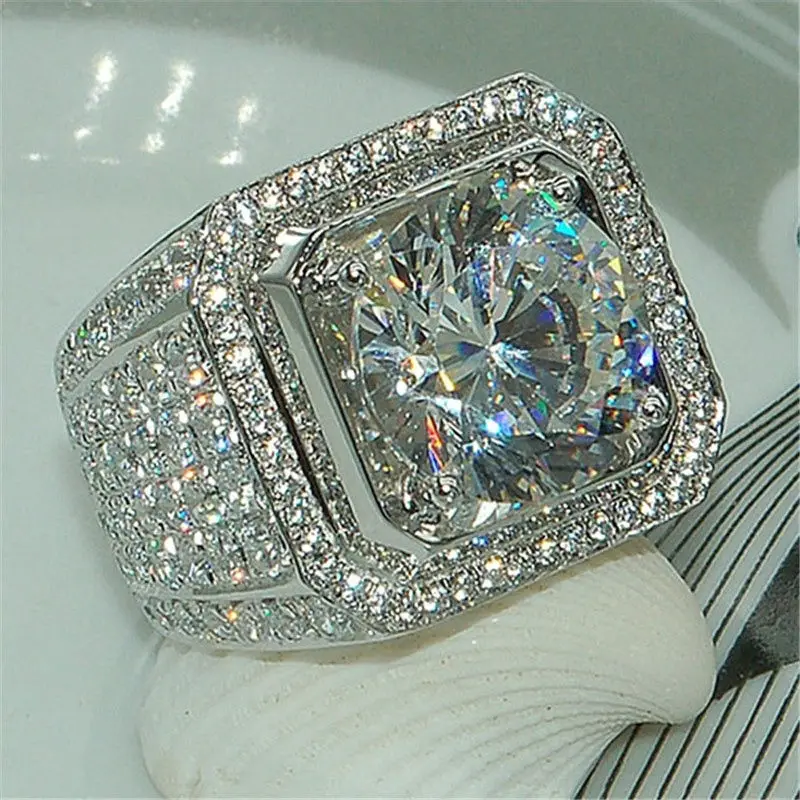 

Big Hip Hop Rhinestone Men Iced Out Bling Square Ring Silver Color Pave Setting CZ Wedding Engagement Rings Top Quality