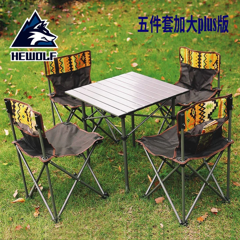 저렴한 Hewolf-야외 대형 접이식 테이블 및 의자, 5 피스, 휴대용 보관, 캠핑, 가끔 테이블 스툴, 캠핑 패키지 조합