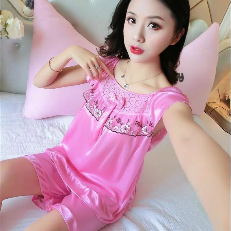Summer Sexy Short-sleeved Pajamas Women Ice Silk Home Wear Sleepwear Pyjamas Women Sexy Lingerie Sleep Tops Pajamas for Women