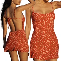 womens summer floral print high waist mini red dress sexy sleeveless spaghetti strap self tie elegant backless vestidos