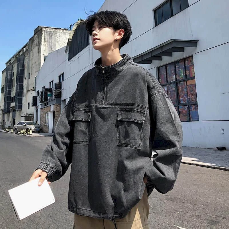 

Washed Cargo denim shirt men's Hong Kong style stand-up collar jacket Korean spring autumn trend Techwear tops punk streetwear