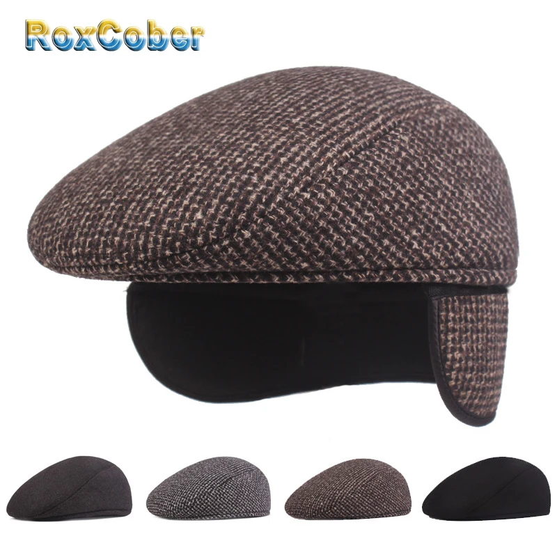 Шляпа RoxCober теплая зимняя с защитой для ушей берет газетчика шерстяной плоский