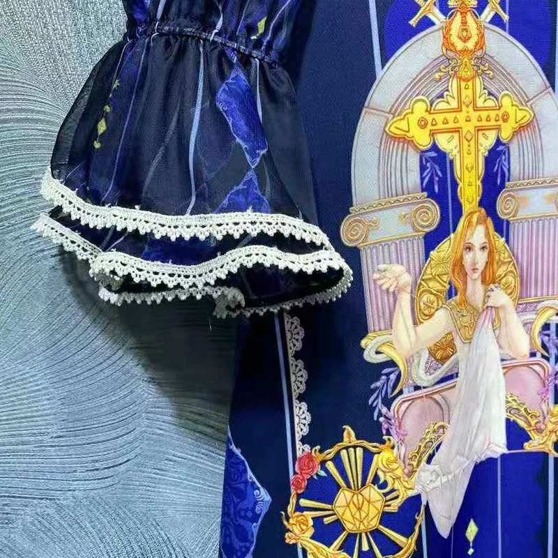 

SEQINYY Dark Blue Dress Vintage Print High Quality Summer Spring New Fashion Design Women Runway Ruffles Lace Mini