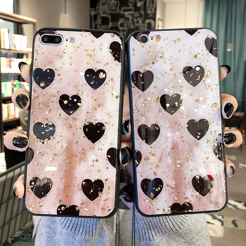 Роскошный Золотой фольгированный чехол с сердечком для iPhone 7 8 6 6S Plus блестящий