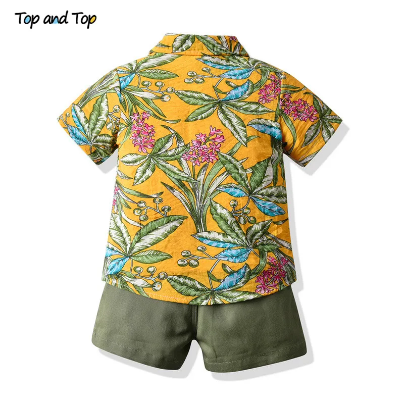 Top and Top Hawaiian Style Kids Boys Casual Outfit Short Sleeve Cotton Tshirt+Printed Shirt+Shorts Children 3Pcs Suits for Beach