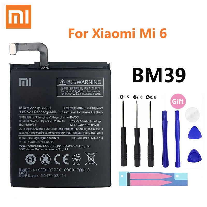 Xiao Mi Оригинальный аккумулятор для телефона BM39 Xiaomi 6 Mi6 M6 высокое качество 3350 мАч