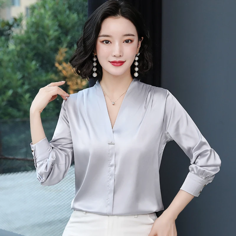 Модная атласная шелковая рубашка женская блузка топы весна осень офисные