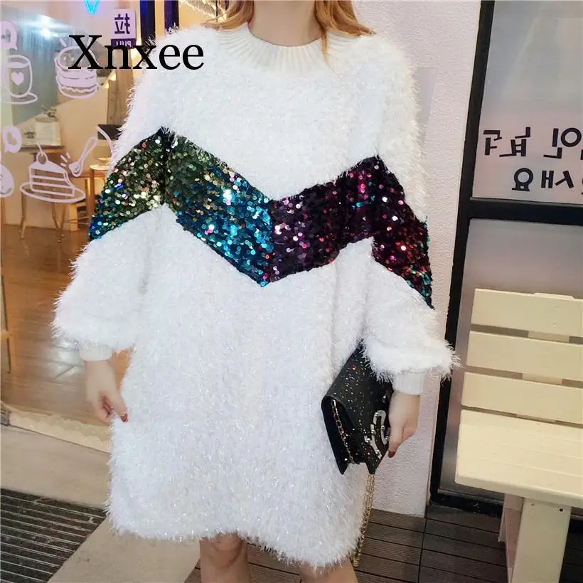 

2020 Winter Korea Style Sweet Sequined Knited Sweater Women Warm Turtleneck Mid Long Jumpers Tops Casual White Tassel Pullovers