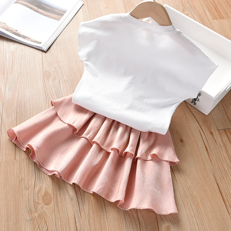 Girls Clothing Set 2020 Summer Sweet Letter Top Short Sleeve+Solid Layered Skirt Fashion 2pcs Sets Children Clothes 3-7Y | Детская