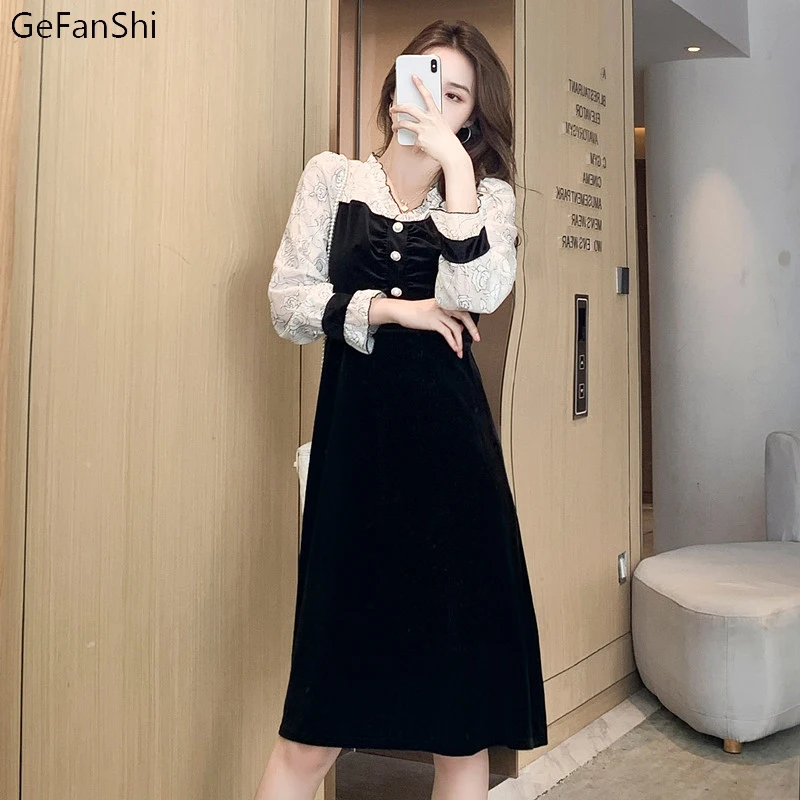 

Elegant Spring Autumn V-Neck Patchwork Velvet Long Sleeve Women Dress Office Lady Chic Dresses Robe Fashion Ladies Clothing
