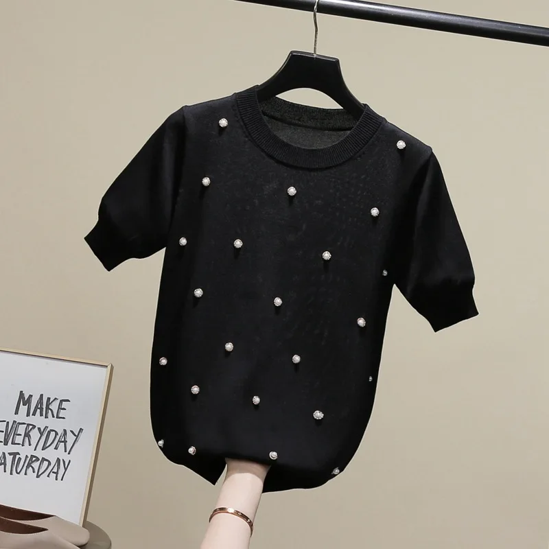 

VANOVICH Summer 2021 New Fashion Knit T Shirts Beaded Round Collar Casual Ladies T Shirts Short-sleeved Korean Style Tops Female