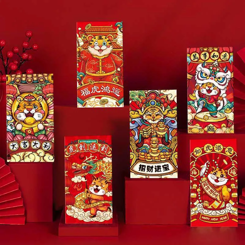 

6 шт., бумажные красные конверты HongBao, милые бумажные пакеты на удачу, праздничные товары с тигром, китайский новый год, Hongbao