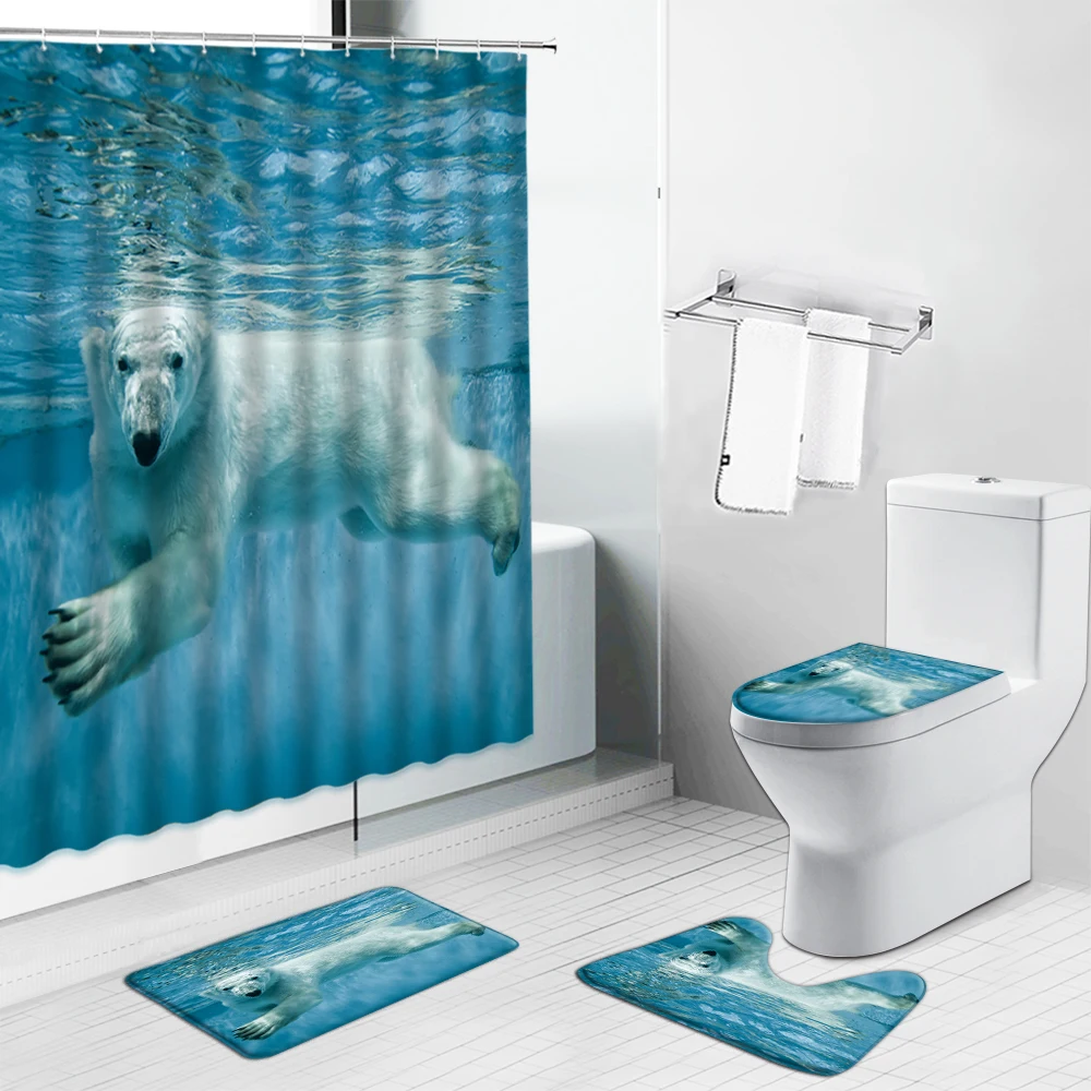 

Тканевые занавески для ванной и душа Polar Bear, Нескользящие коврики для ванной, крышка для туалета, коврики, коврик, кухонный ковер, набор для у...