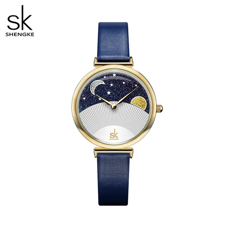 blue Shengke, женские модные синие кварцевые часы, Дамский кожаный ремешок для часов, высокое качество, повседневные водонепроницаемые наручные часы, подарок для жены с коробкой - Цвет: blue