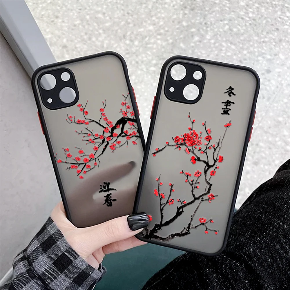 

Plum Blossom Flower iphone X XR SE2020 7 8 Plus Chinese Style Painting Case for iphone 13 12 XS 11 Pro Max Mini Red Floral Cases