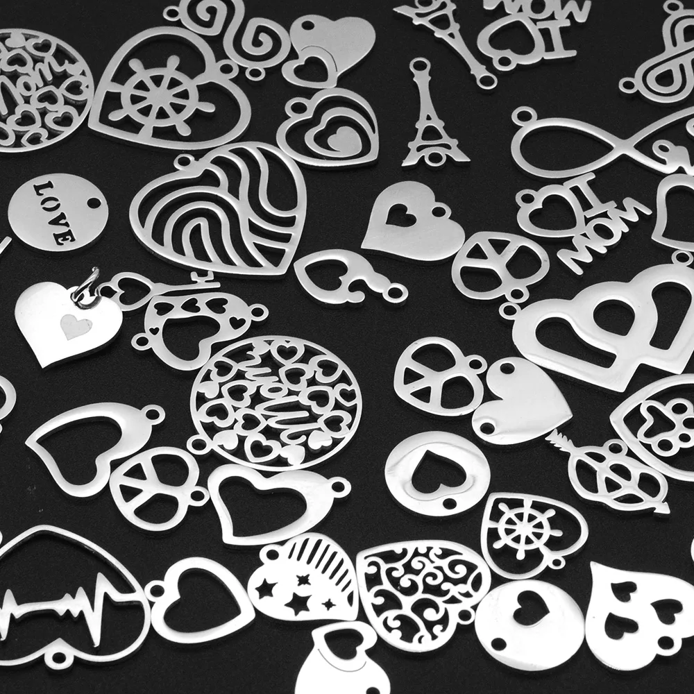 

50pcs/lot Mix Designs Stainless Steel Heart DIY Pendant Charms Connector Wholesale Connectors Never Fade Earring Making