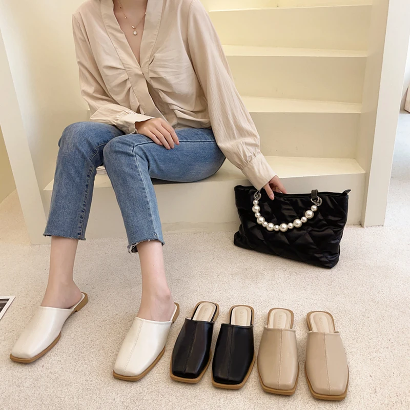 

Square Toe Mules For Women 2021 Female Shoes Ladies' Slippers Loafers Low Cover New Summer Flat Slides PU Rome Rubber Loafers Sh