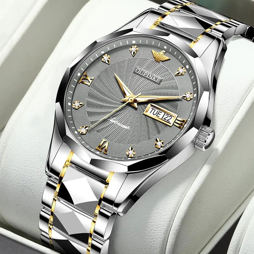 

Men's Automatic Mechanical Wristwatch top brand with double calendar tungsten steel watchband waterproof luxury male clock