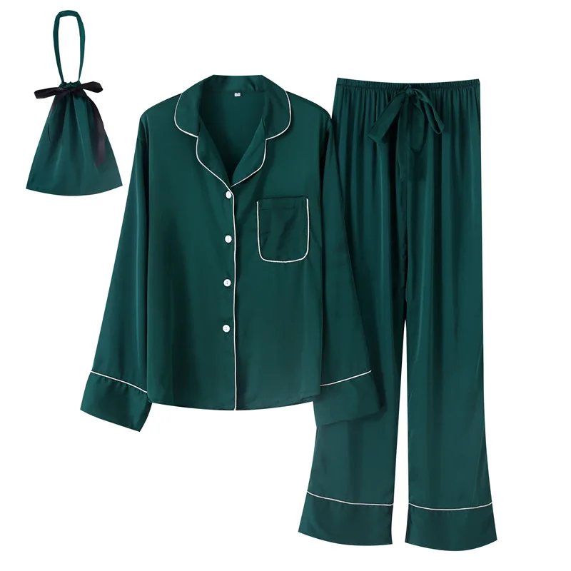 

Spring Summer Satin Silk Pajamas Suit Ladies Ice Silk Home Service Pocket Three-Piece Suit Can Be Worn Outside Pijama Mujer