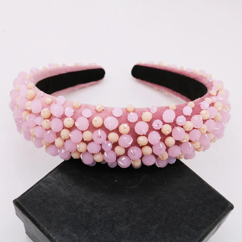 Лента для волос широкая бархатная ручной работы с кристаллами и жемчужинами