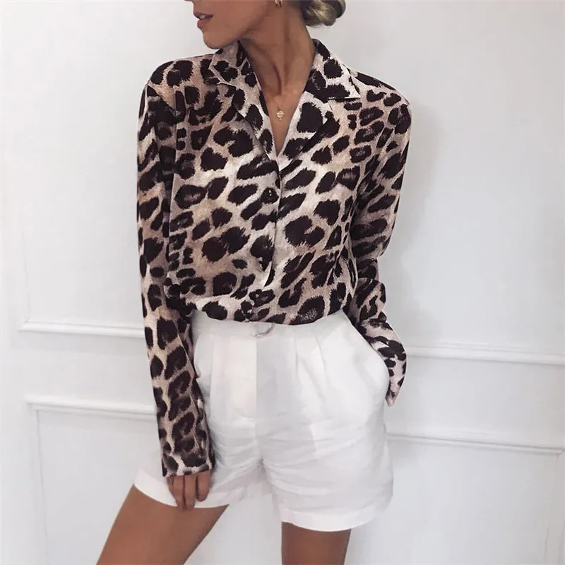 

YOMING YM1097 New Fashion Print Women Europe Style Blouses Leopard Print Blouse Shirt Casual Tops Elegant Work Shirts Tops