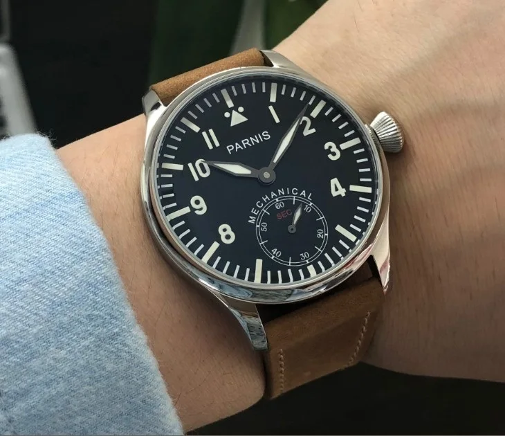 44 мм PARNIS Pilot Азиатский 6498 механические часы с ручным заводом механические часы с черным циферблатом мужские часы оптом PA75-8