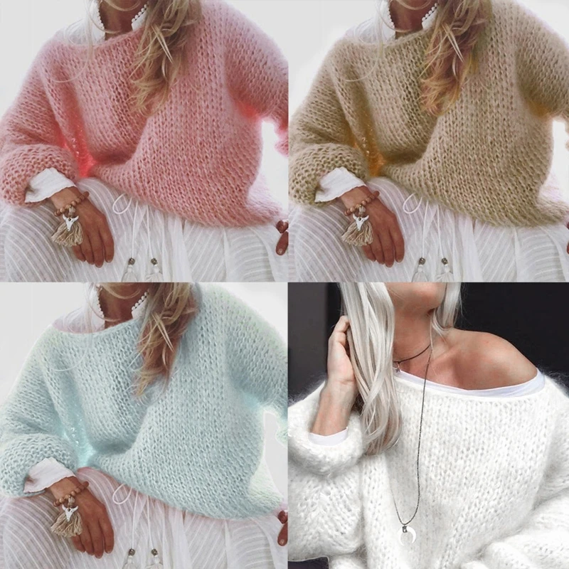 

Women Lantern Long Sleeve O-Neck Sweater Fluffy Fuzzy Mohair Pullover Top Chunky Knit Solid Color Oversized Loose Jumper H05D