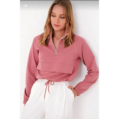 

Women Sweatshirts Beli Shirred Stylish Crop Pink Casual Clothing Zipper Neck Spring Autumn 2020 Fashion Style