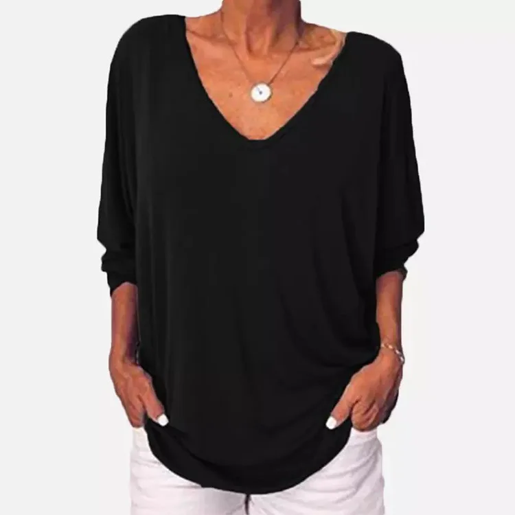 

Women's V-neck bat quarter sleeve back button T-shirt blouse
