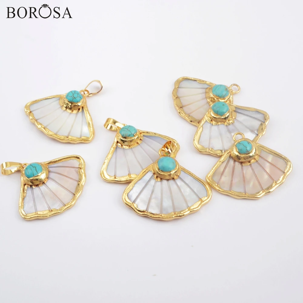 

BOROSA 10Pcs Fan Gild Trim Natural White Shell & Blue Howlite Turquoises Pendant for Earring Handmade G1895