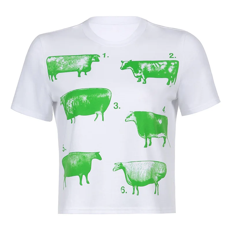 

2021 Fashion Women's Sexy Sheep Print Short Loose Short Sleeve T-shirt Vintage Crop Top Y2K Animal Tees Tops Streetwear Female