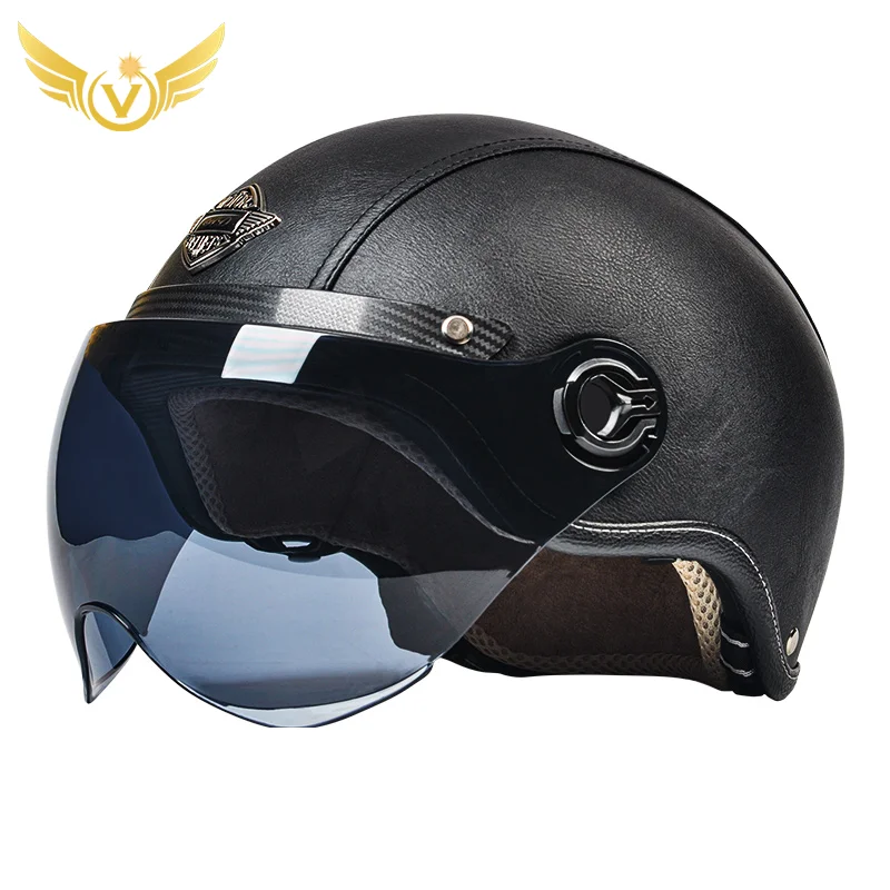 Немецкий кожаный шлем в стиле ретро черный мотоциклетный с открытым лицом Чоппер