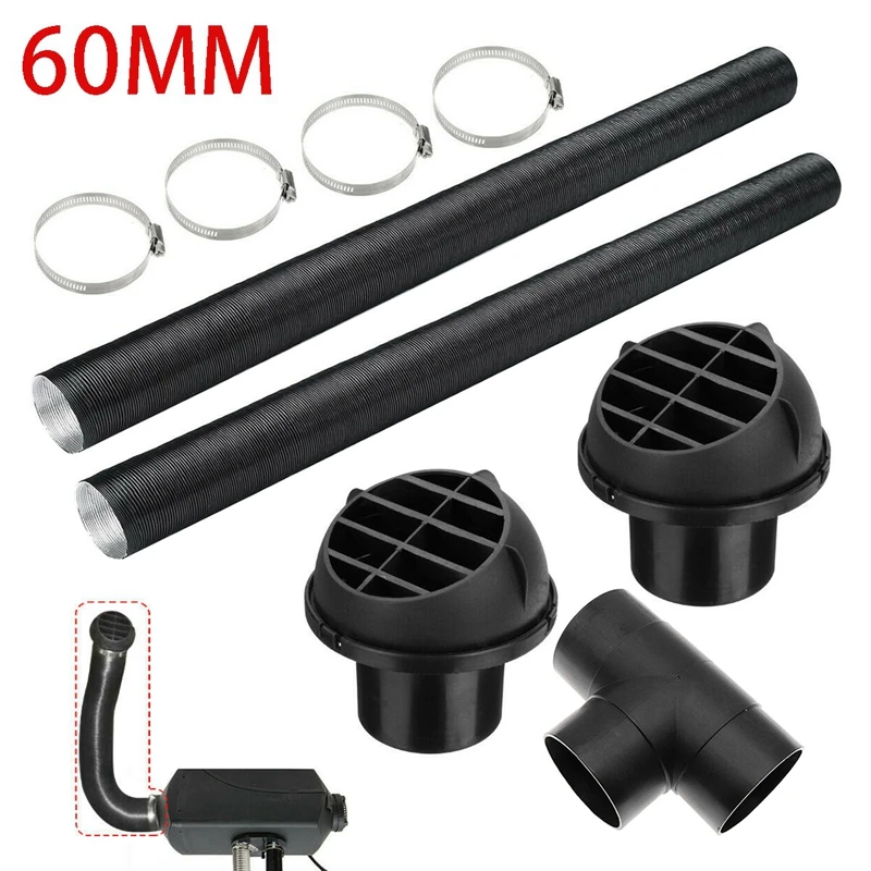 

60mm Car Auto Heater Pipe Duct T Piece Warm Air Outlet Vent Hose Clips Set for Parking Heater Webasto Eberspacher