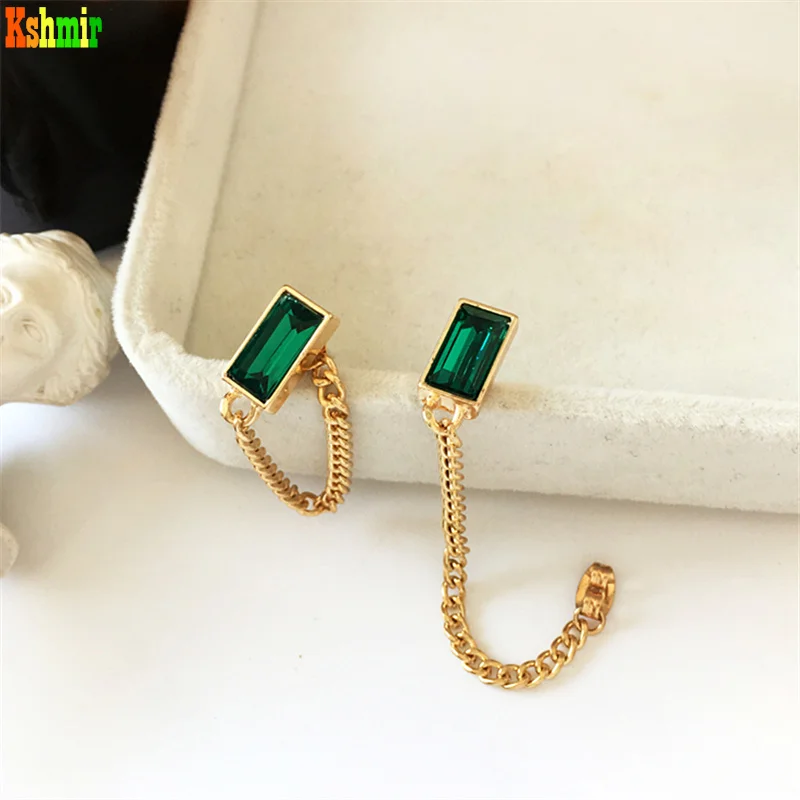 

Kshmir Fashion retro metal square emerald ear studs simple personality back hanging chain tassel earrings jewelry gifts 2021