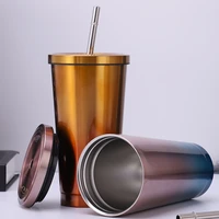 500ml stainless steel mug with lid vacuum double layer tumbler with straw insulation bottle reusable coffee juice cup drinkware