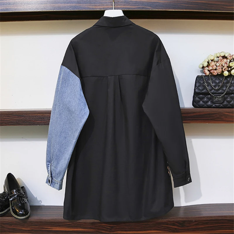 

2021 Spring Fashion New High-Quality Denim Stitching Printing Single-Breasted Long-Sleeved Loose Shirt Women's Top Trendy H219