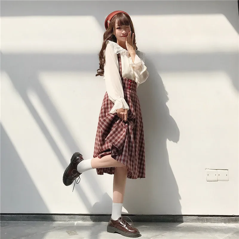 Himifashion Harajuku, женская модная клетчатая юбка на бретелях, бальное платье с высокой талией, юбка с оборками, повседневная шерстяная элегантная клетчатая Женская юбка