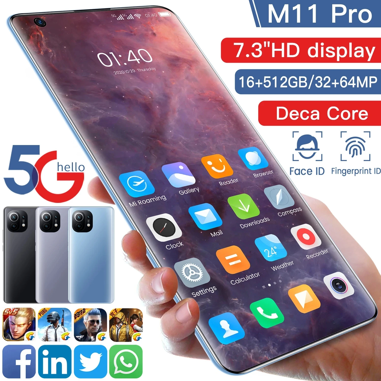 

2021 Unlocked Global Version M11 Pro 7.3 Inch Android Smartphone 6800mAh 16GB + 32GB 512 + 64MP Google Play GPS 2SIM 5G Mobile P