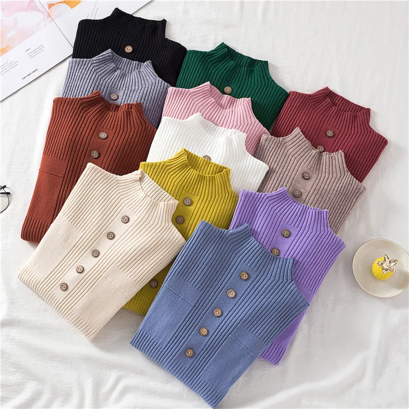 

Autumn knitted Pullover Sweater Women Thick Tops Long Sleeve Half High Collar Women's Sweater Short Knitwear Buttons Korean Chic